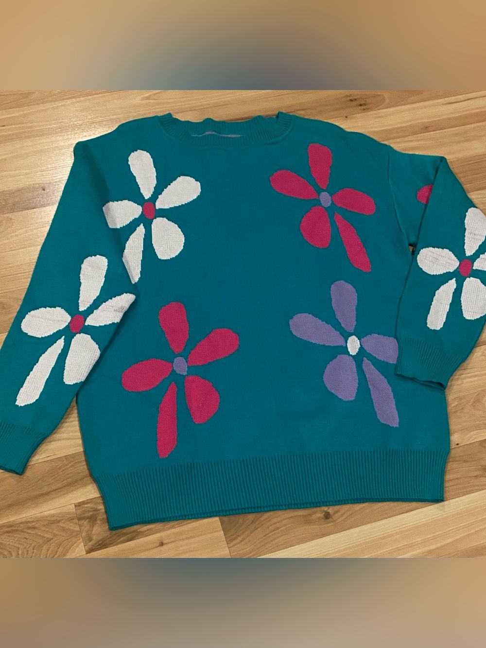 Teal Floral Crewneck Sweater - Women's